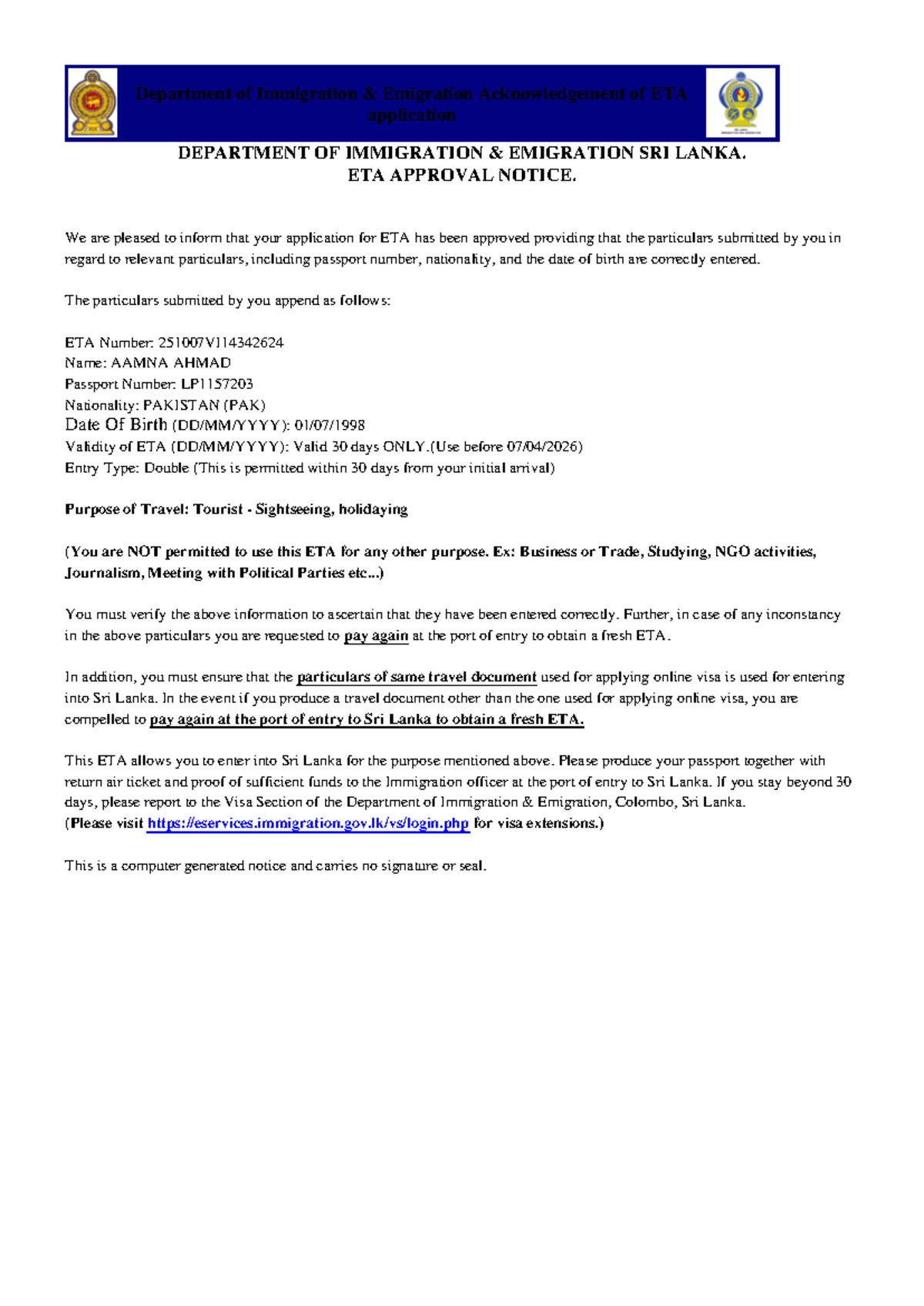 ETA Approval Notice - 251007 VI14342624 Visa Details - Studocu