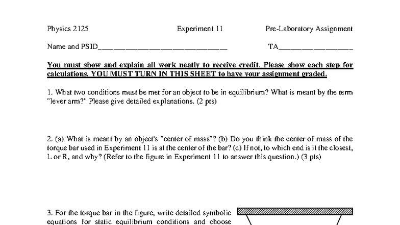 Physics 2125 Experiment 11 Pre-Lab Assignment: Torque and Equilibrium ...