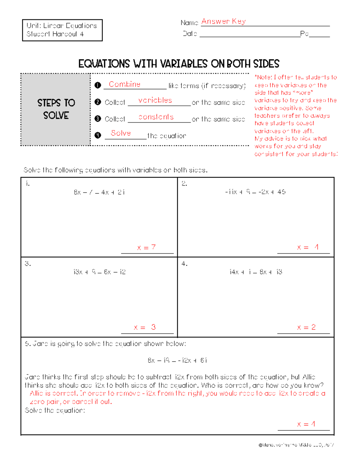 Math answer key variables - STEPS TO SOLVE 1 __________________ like ...