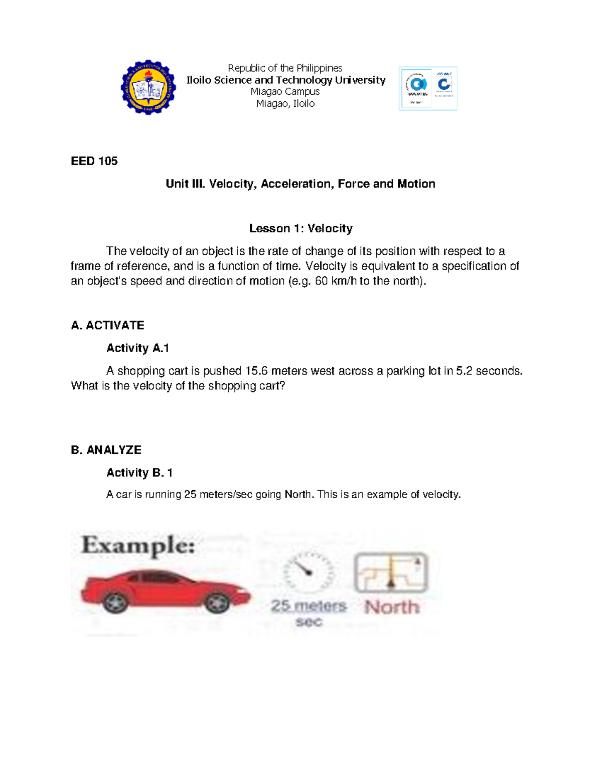 EED 105 - Unit 3: Velocity, Acceleration, Force & Motion Overview - Studocu