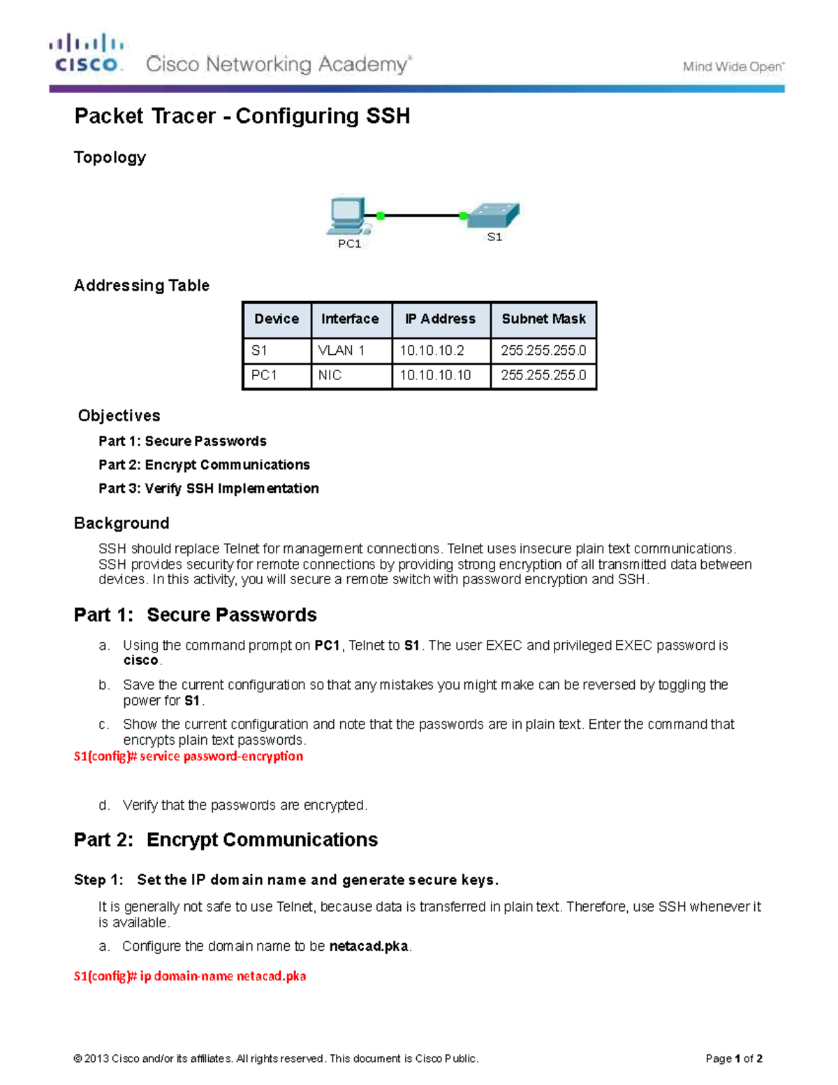 5.2.1.4 Packet Tracer - Configuring SSH Security Steps and Guidelines -  Studocu