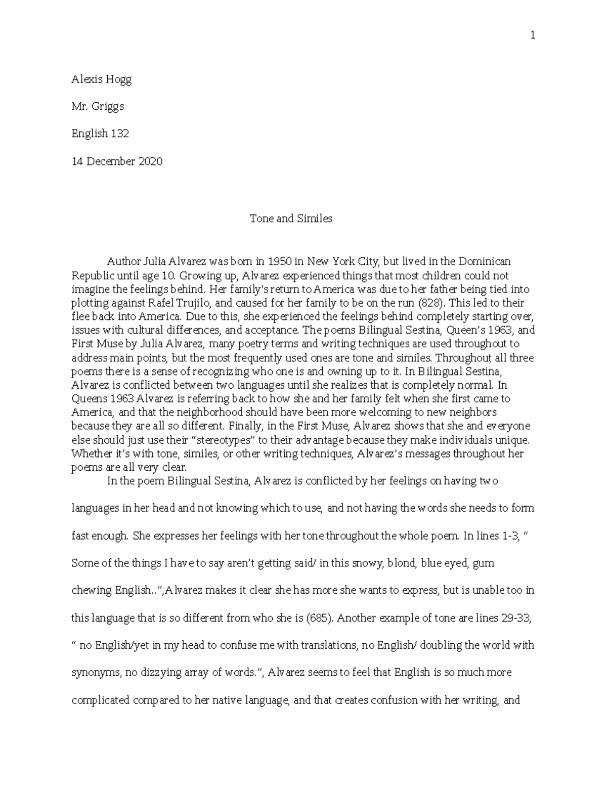 English 132 - Class Essay on Tone and Similes in Julia Alvarez's Poetry ...