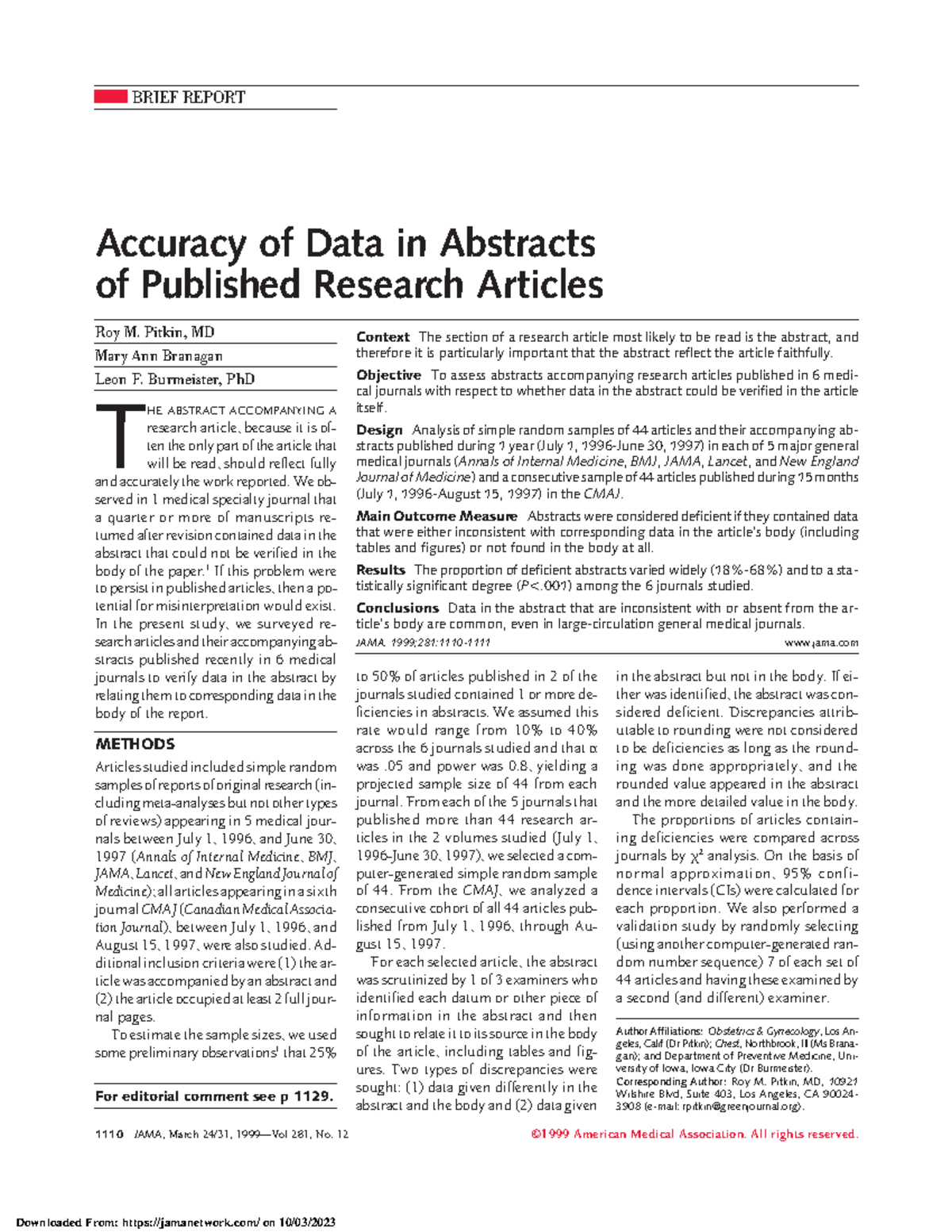 JBR80371 - Accuracy of Data in Abstracts: Research Article Analysis ...