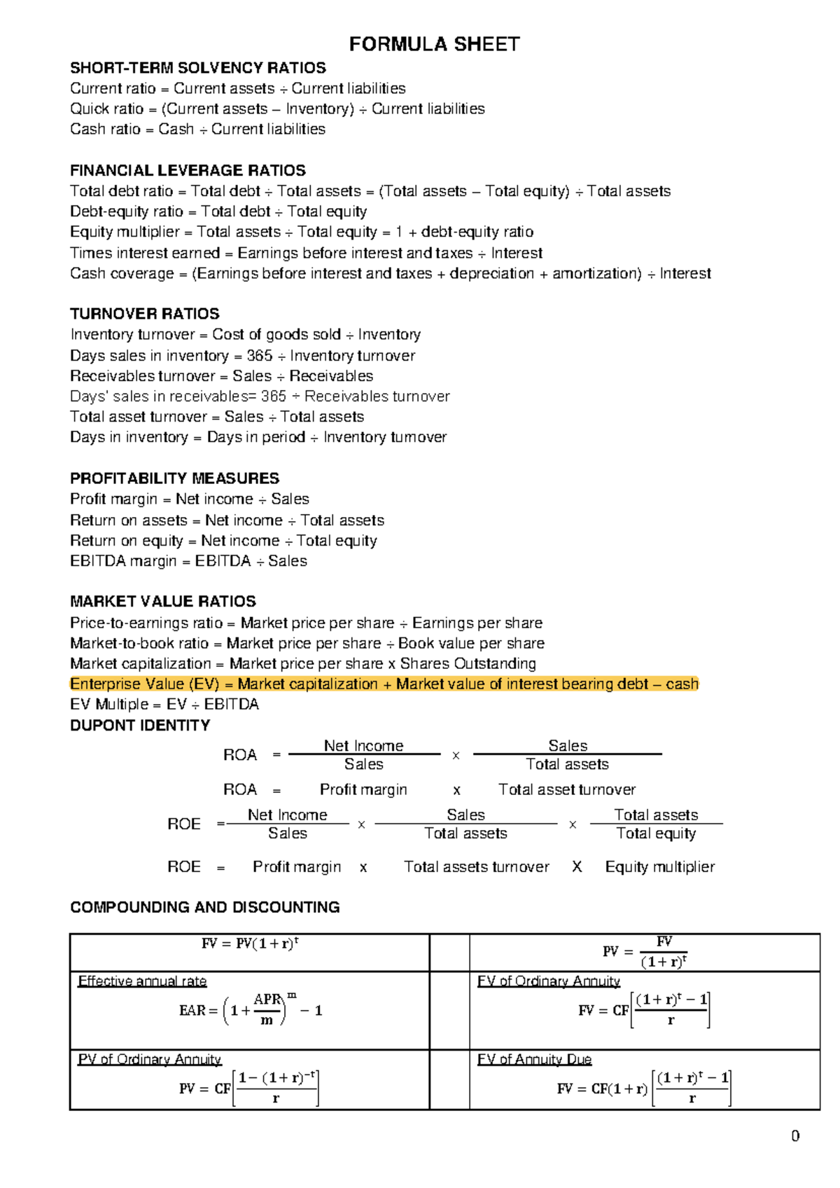 Formula Sheet: Solvency, Leverage, and Profitability Ratios - Studocu
