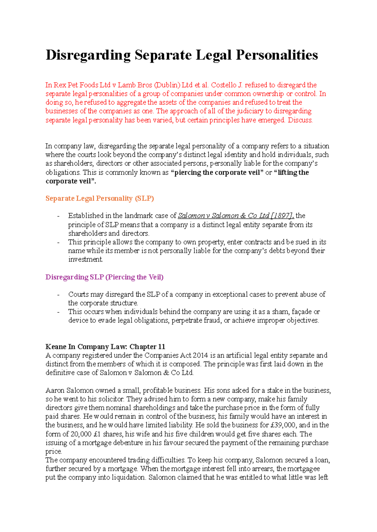 Disregarding Separate Legal Personalities: Key Concepts in Company Law ...