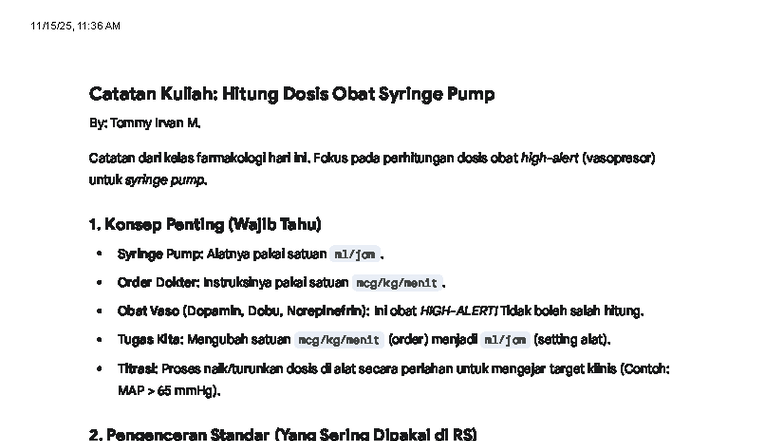 Catatan Kuliah: Perhitungan Dosis Obat Vasopresor untuk Syringe Pump ...