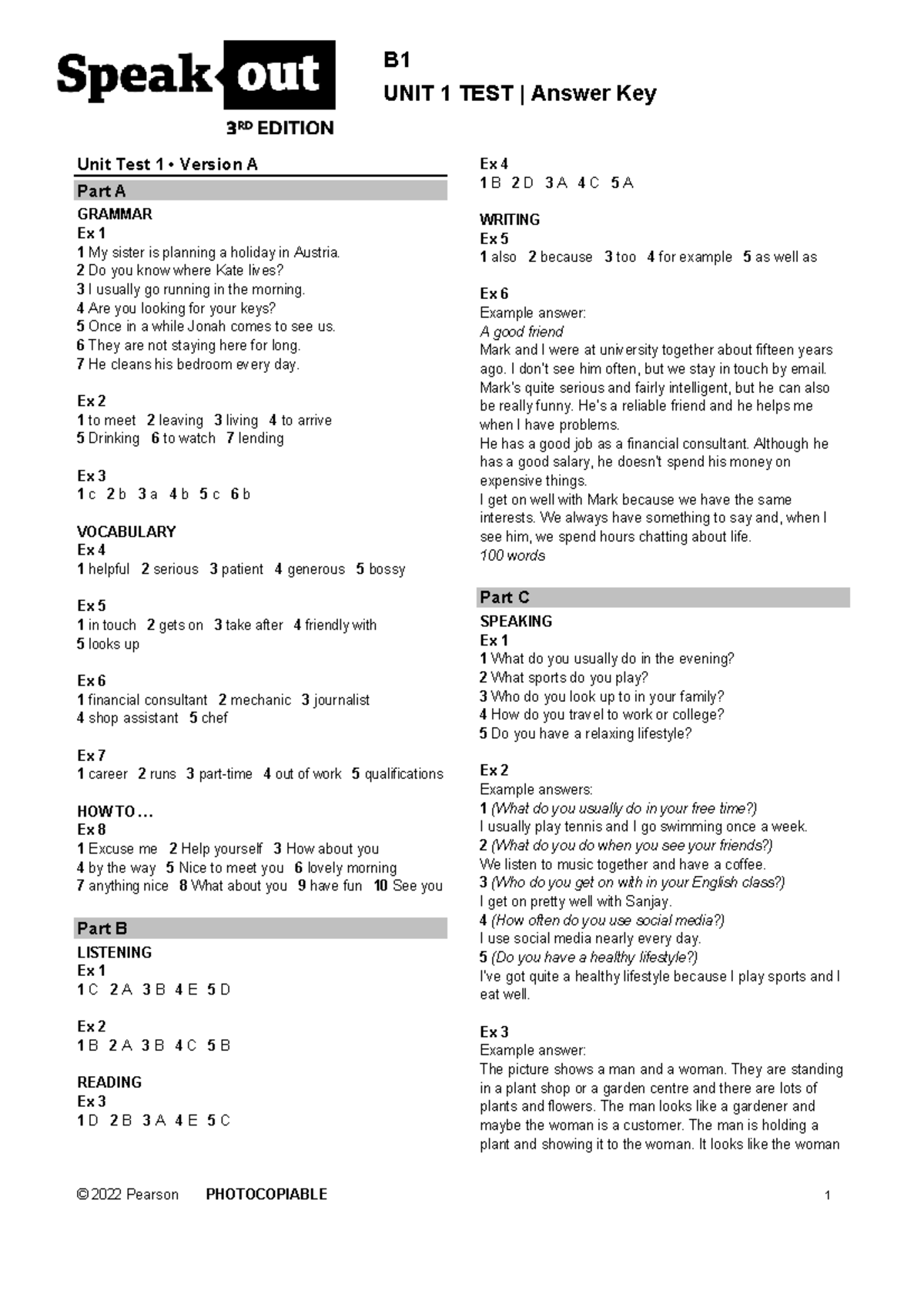 SO3 B1 Unit Test U1 Answer Key - Versions A & B - Studocu
