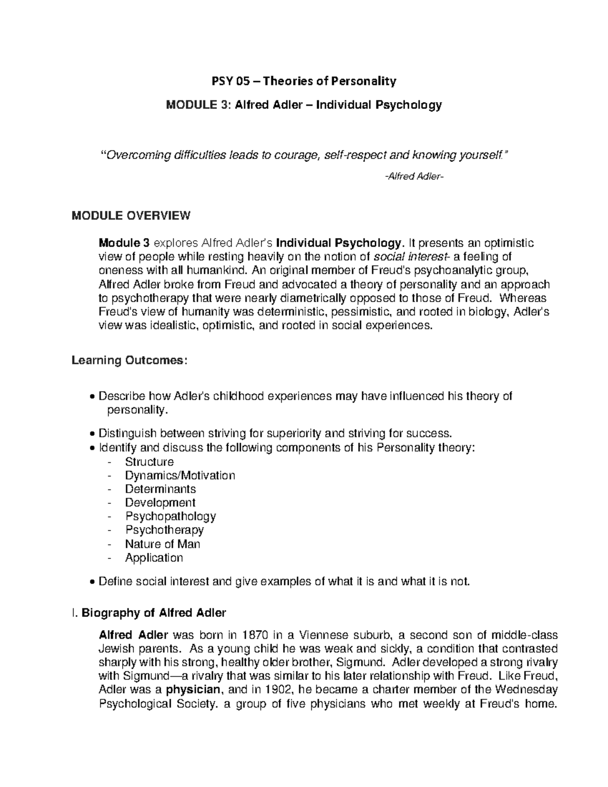 PSY 05 Module 3: Alfred Adler's Individual Psychology Overview - Studocu