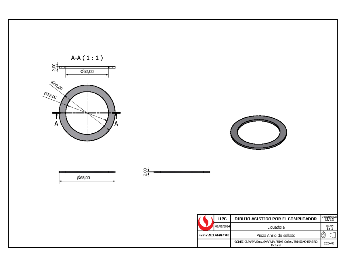 Plano Pieza Anillo DE Sellado (vista corte)Sheet - diseño - A-A ( 1 : 1 ...