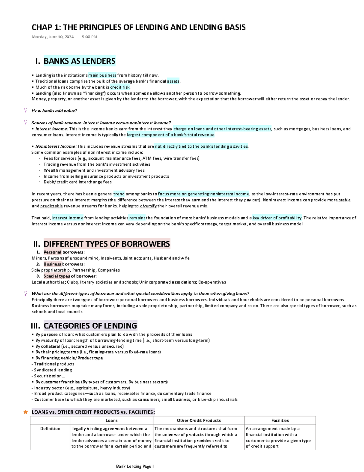 Bank-Lending - lecture notes of bank lending - I. BANKS AS LENDERS ...