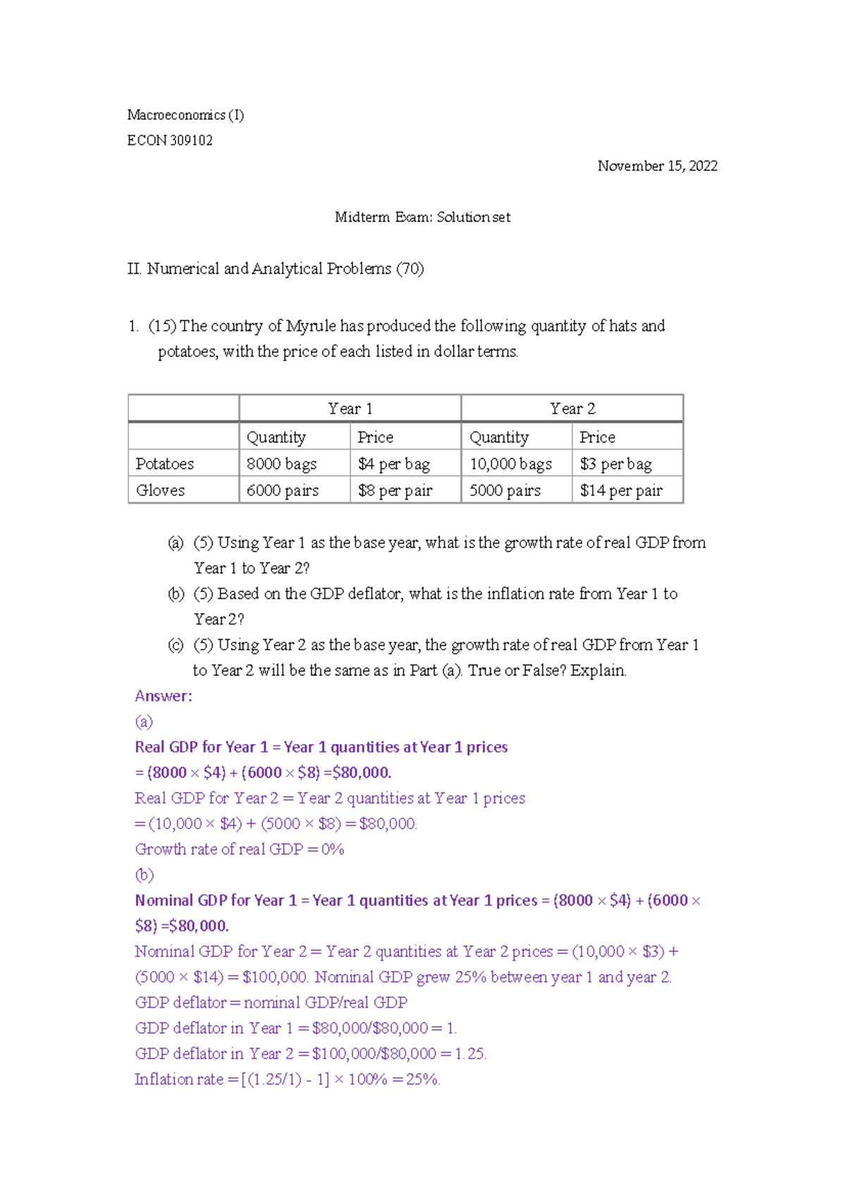 Midterm Exam Solutions for Numerical & Analytical Problems, ECON 309102 ...