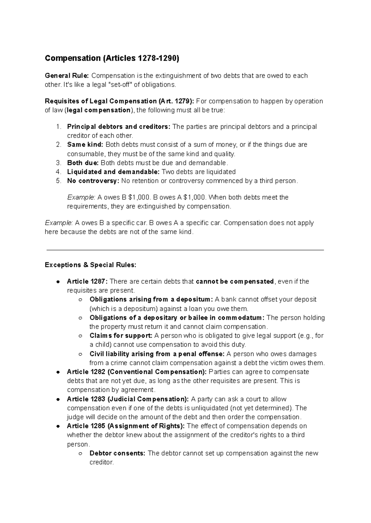 Obligations and Contracts Overview (Art. 1231-1304) - Studocu