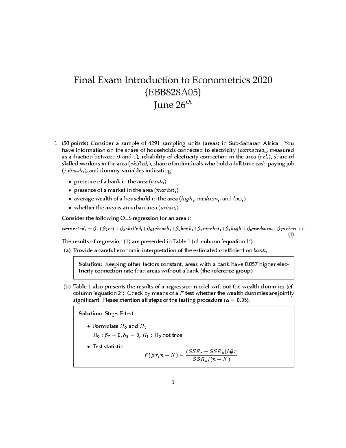 Final Exam EBB828A05: Econometrics 2020 Solutions and Analysis ...