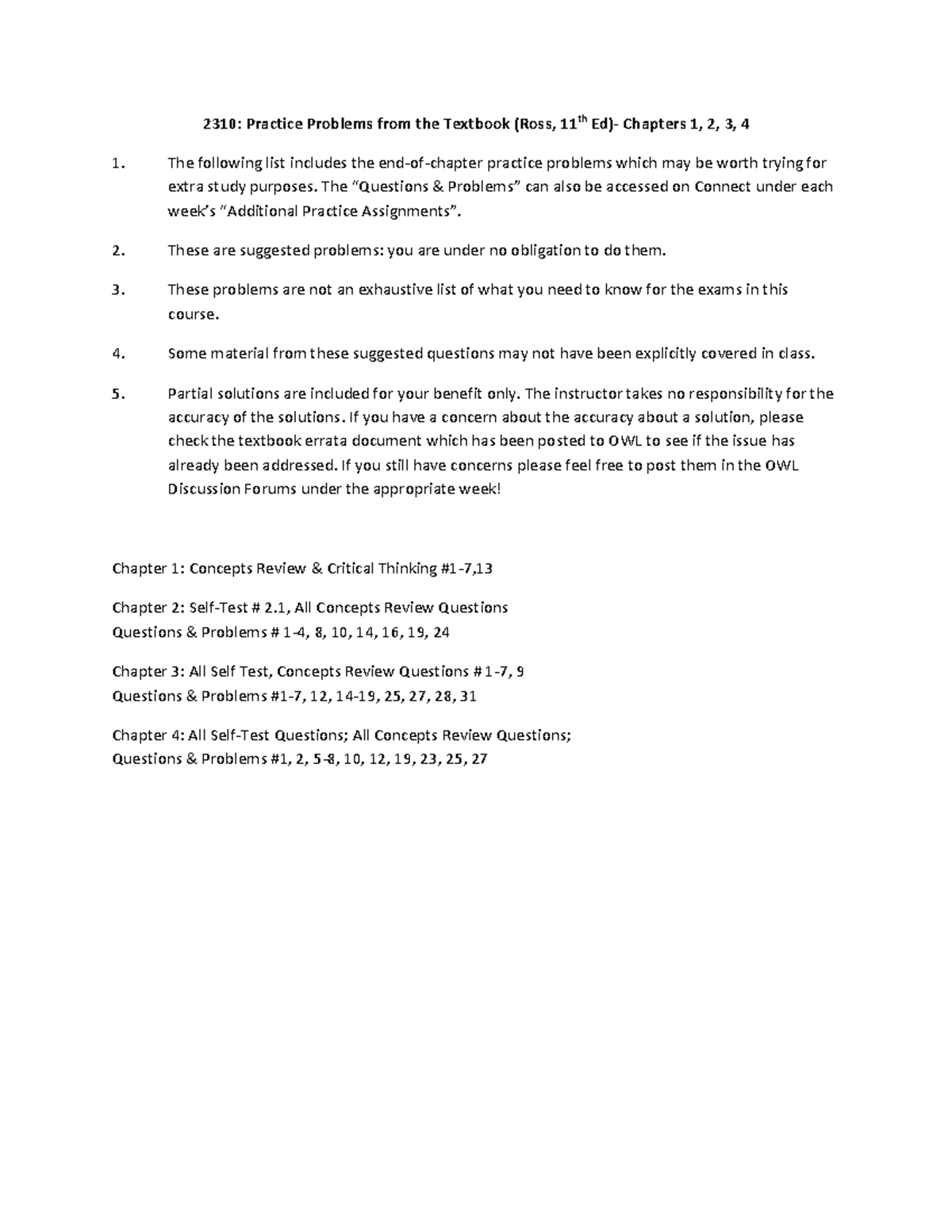 2310: Suggested Solutions for Textbook Problems (Chapters 1-4) - Studocu