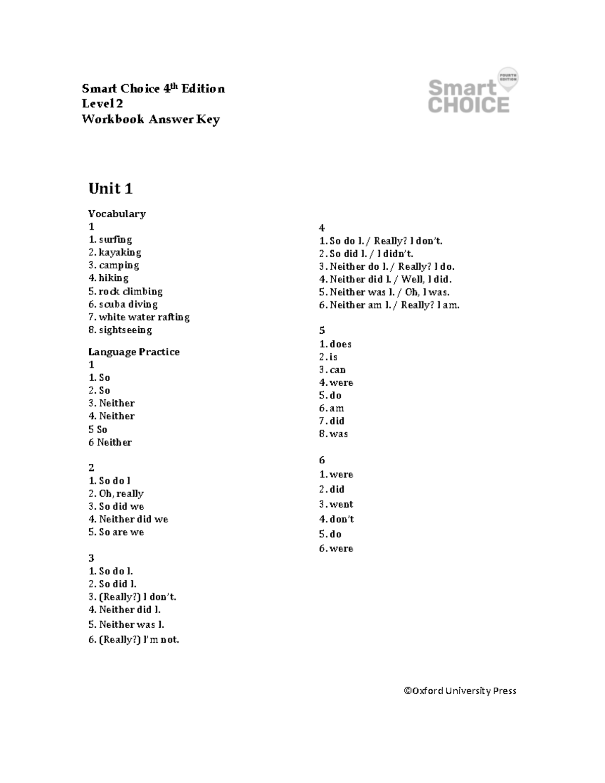 Smart Choice 4th Ed. Level 2 Workbook Answer Key: Units 1-9 - Studocu