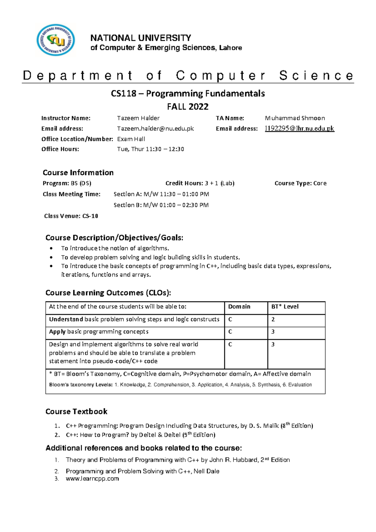 PF(CS-118) Fall 2022 with details - NATIONAL UNIVERSITY of Computer ...