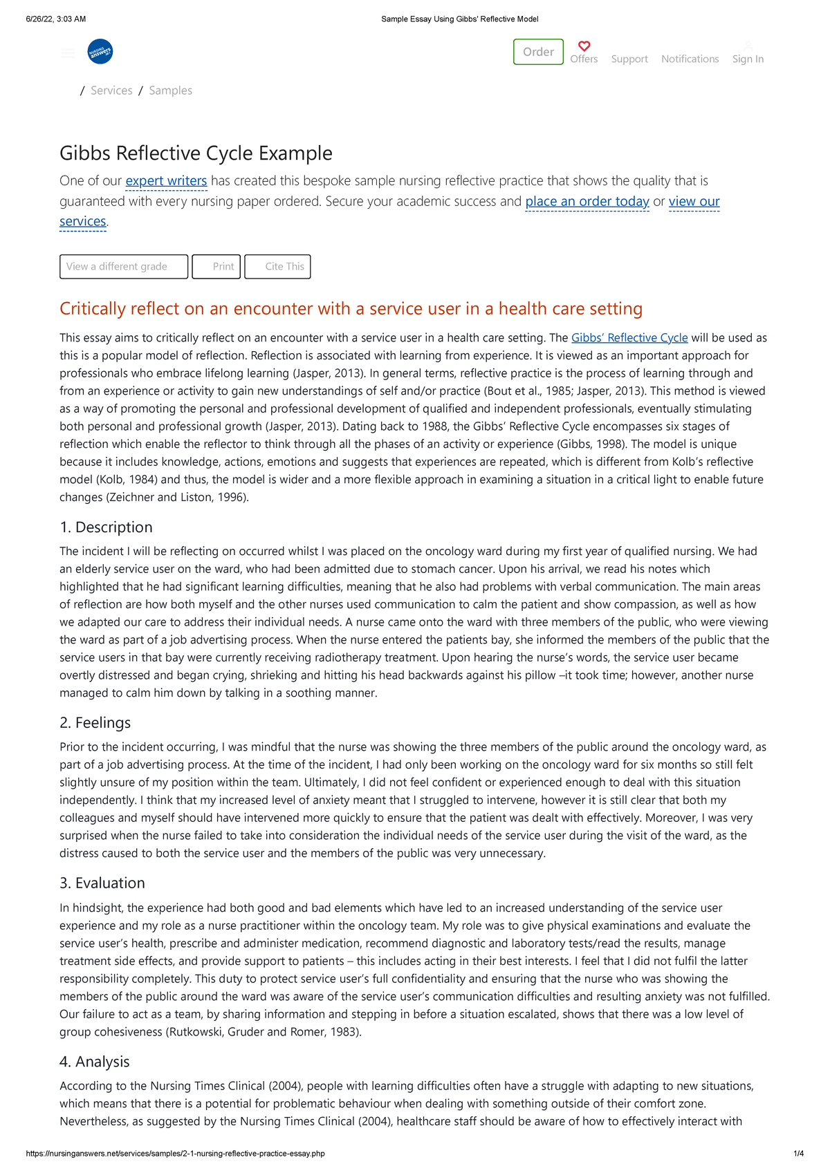 Sample Essay Using Gibbs' Reflective Model - /Services /Samples Gibbs ...