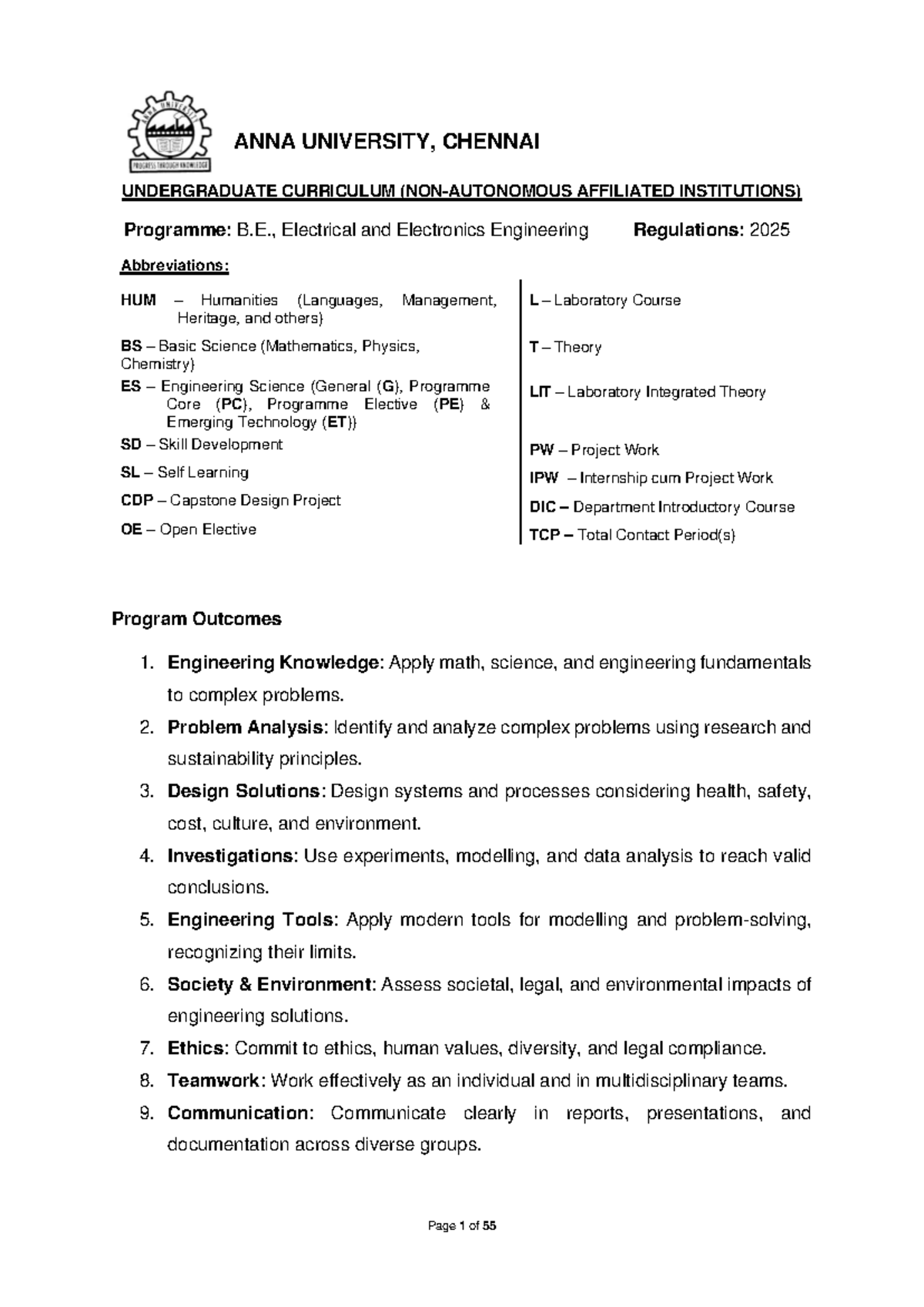 B.E. EEE Curriculum Overview and Course Details (Regulations 2025 ...