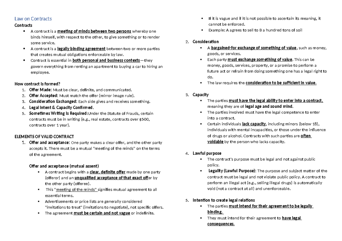Law on Contracts - Final Exam Study Notes - Studocu