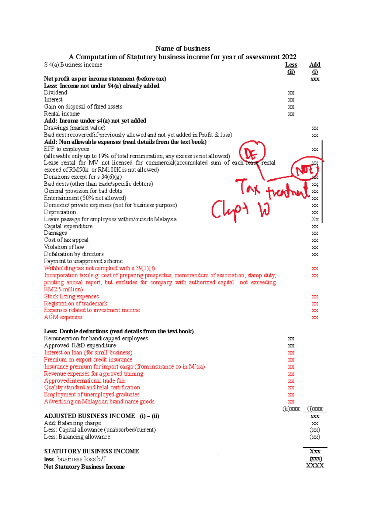 Format stat business income - Name of business A Computation of ...