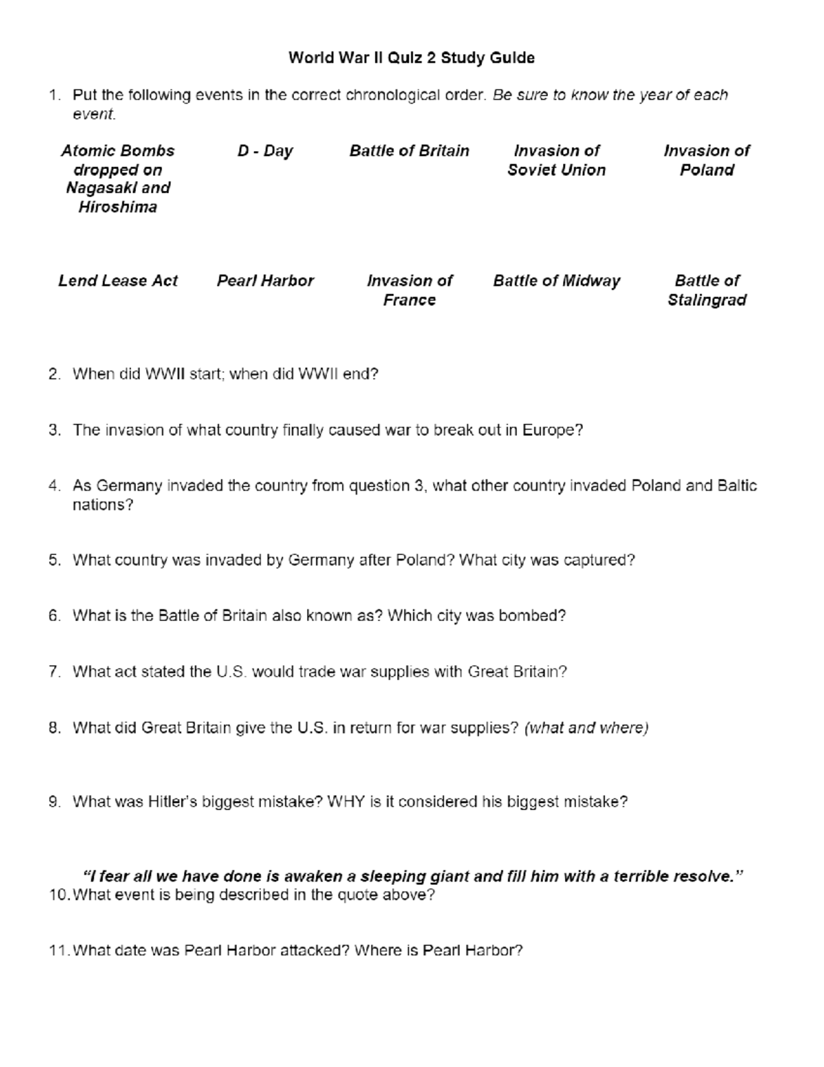 World War II Quiz 2 Study Guide: Key Events and Questions - Studocu