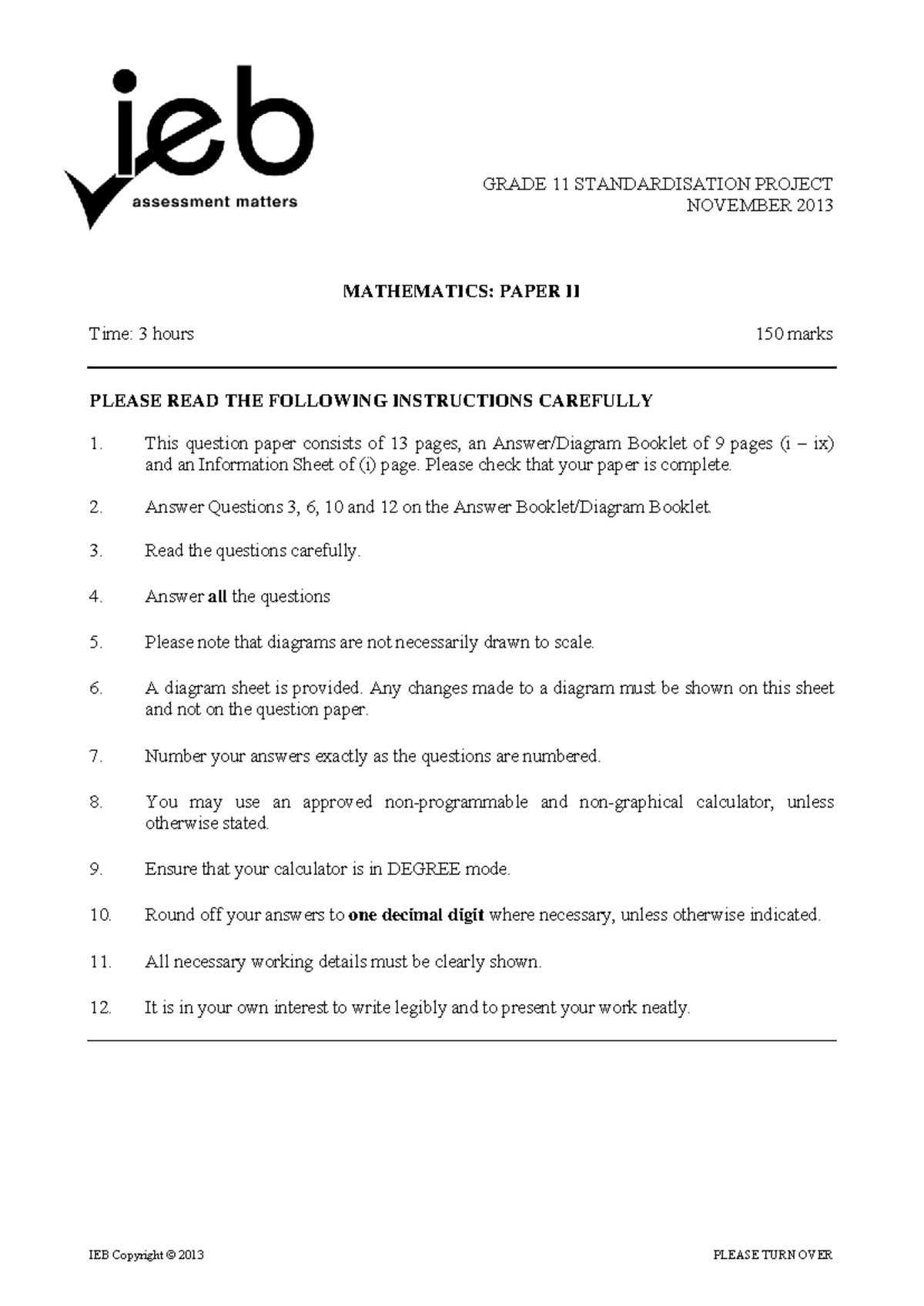 GRADE 11 MATHEMATICS IEB EXAM EXEMPLAR NOV 2013: PAPER II - Studocu
