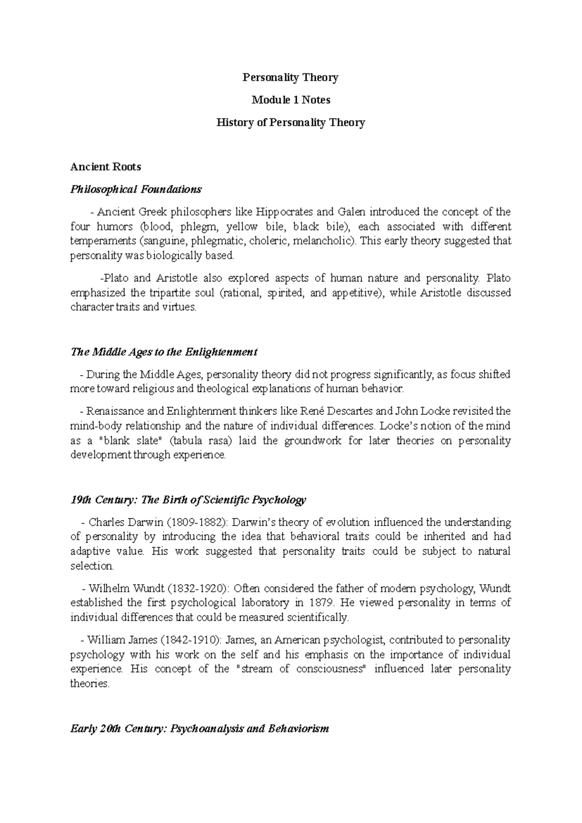 personality theory module 1 notes - Personality Theory Module 1 Notes ...
