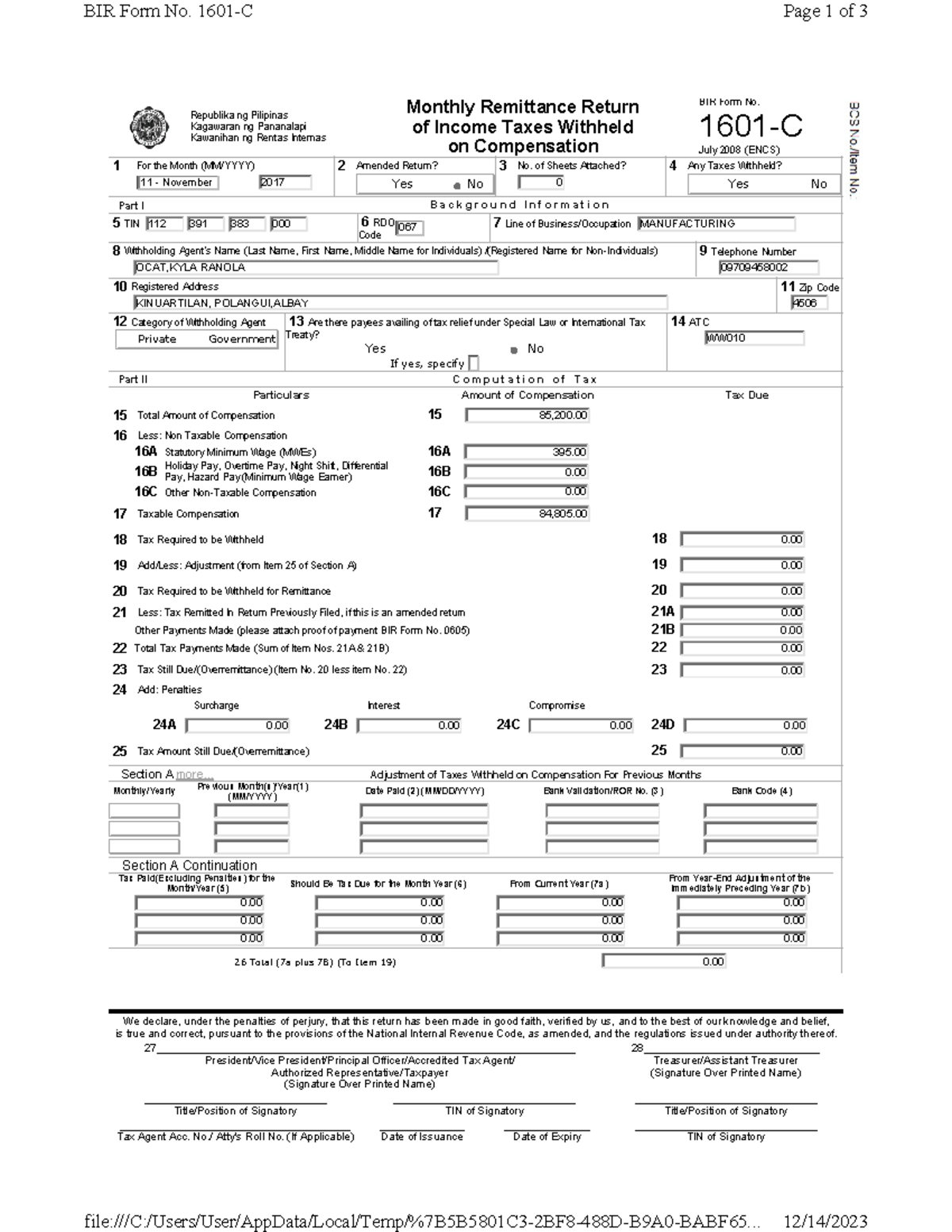 BIR 1601-C - Monthly Income Tax Remittance Form Guidelines - Studocu