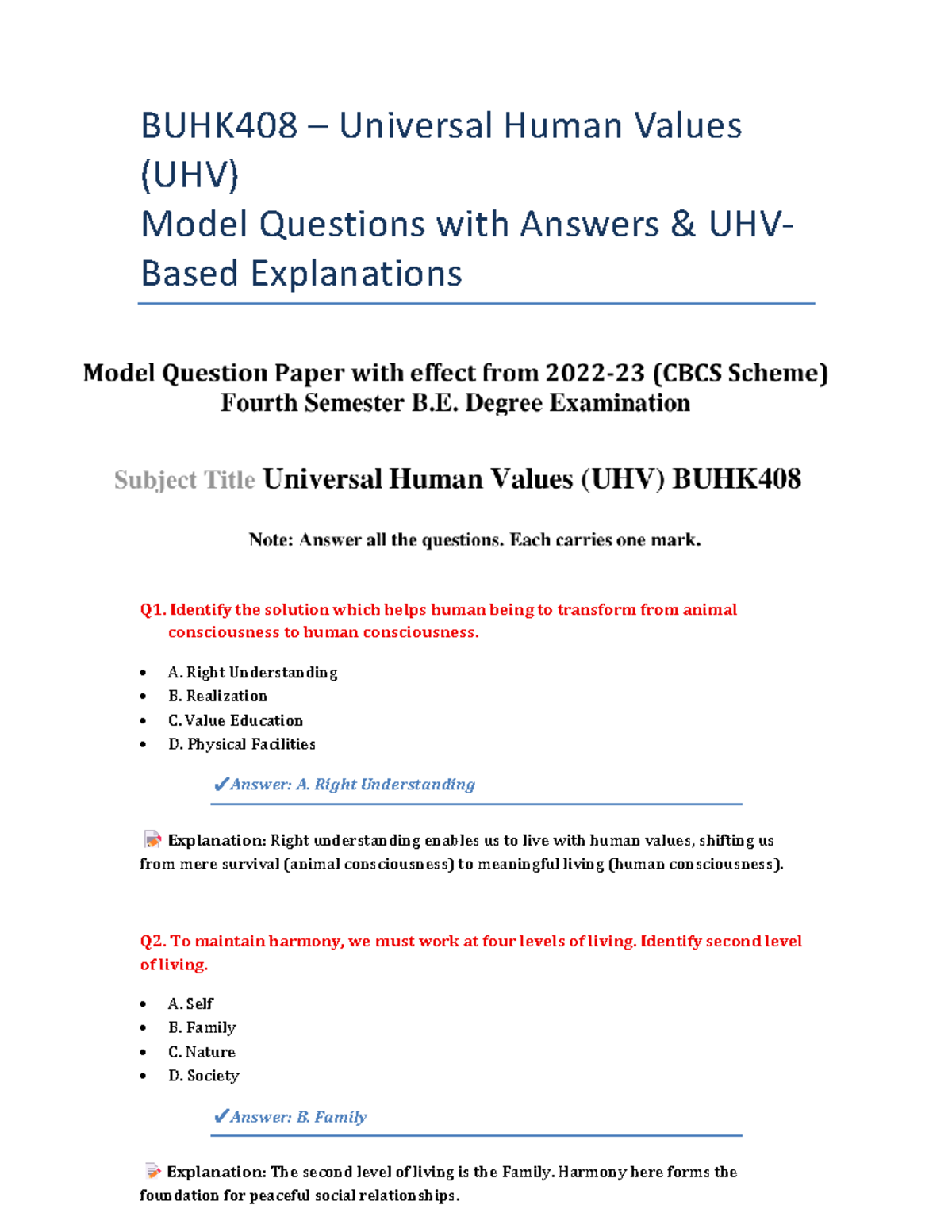 BUHK408 UHV Model Questions & Answers with Explanations - Studocu