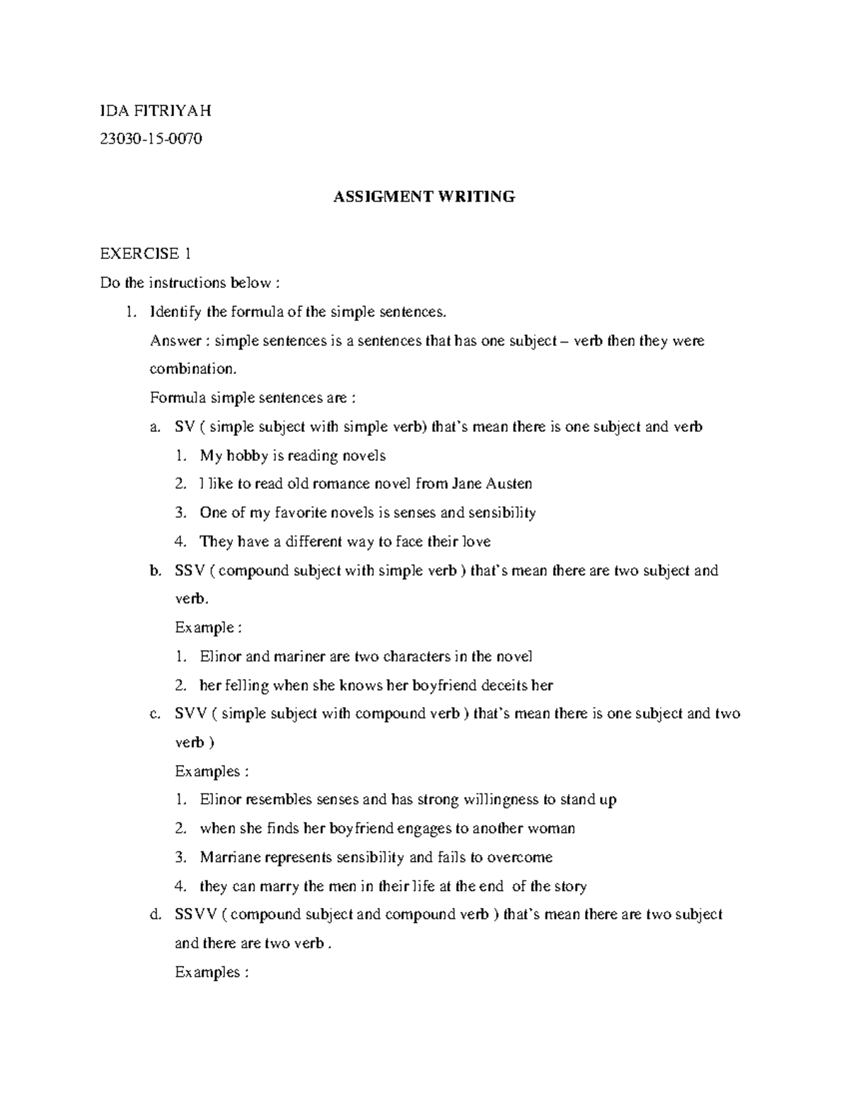 Writing Assignment: Analyzing Simple Sentences Structures in IDA (23030 ...