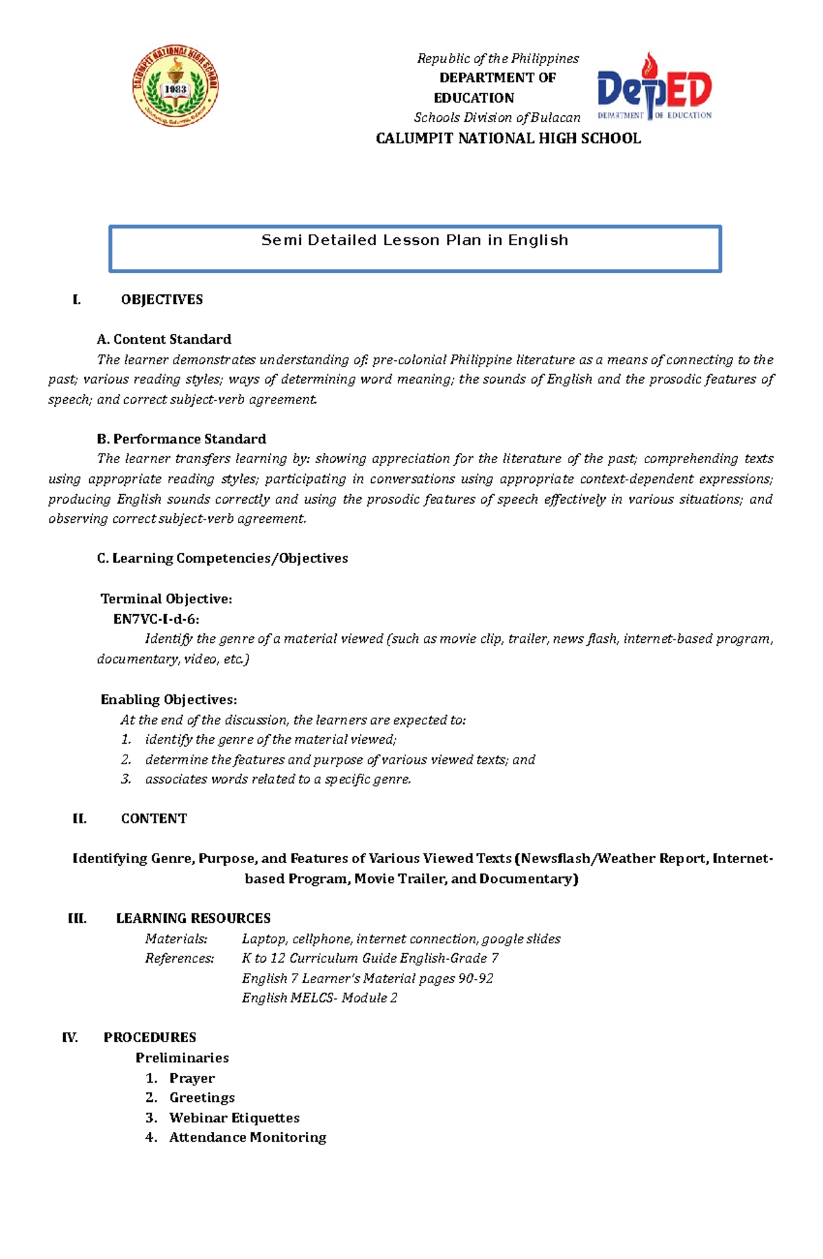 Department of Education-Lesson Plan on Viewing Genre - Republic of the ...