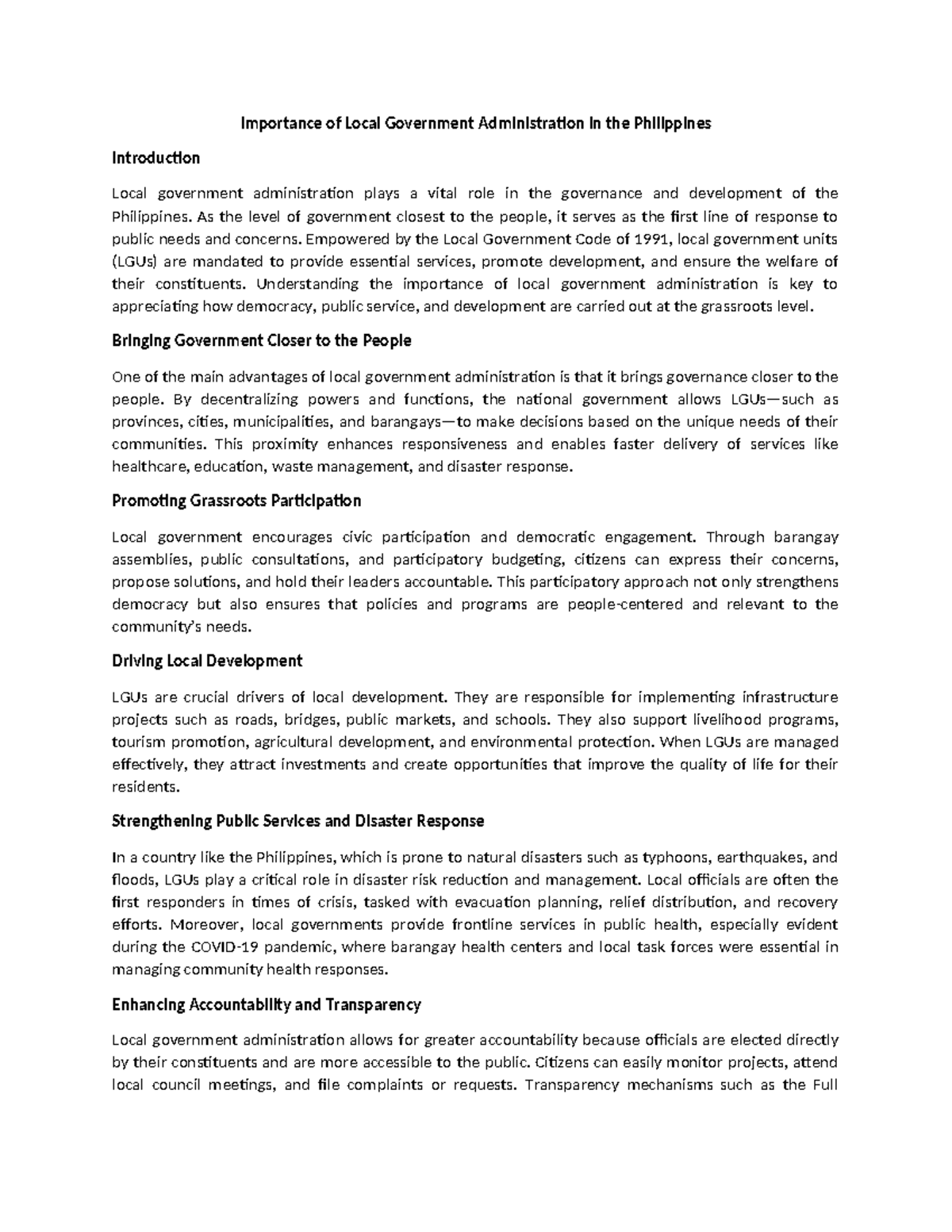 The Role of Local Government Administration in the Philippines - Studocu
