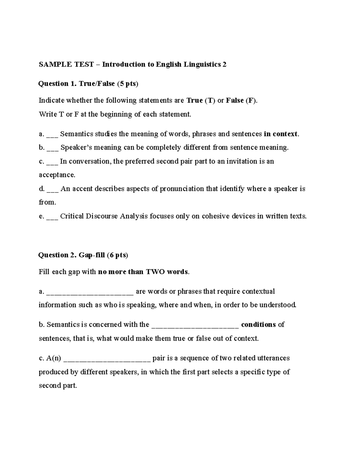 Final Test Practice for Introduction to English Linguistics 2 - Studocu