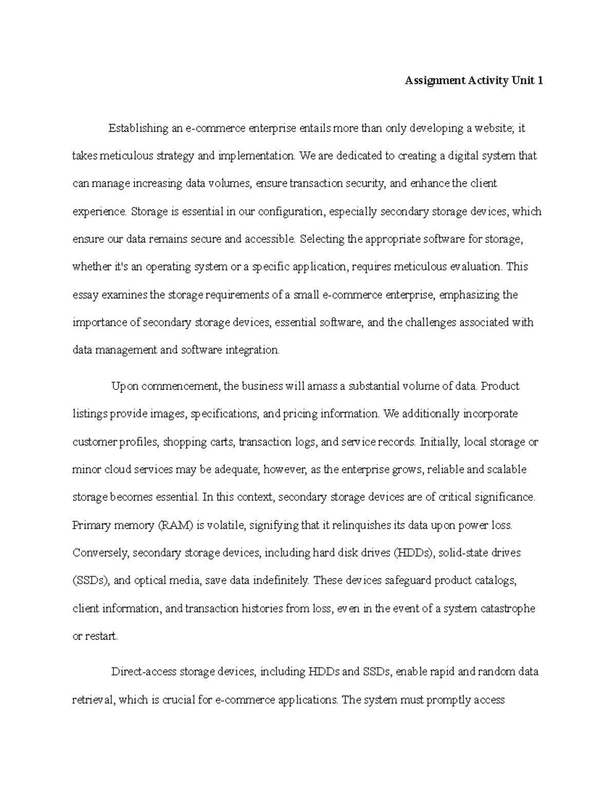 Assignment Activity Unit 1: Storage Solutions for Small Enterprises ...