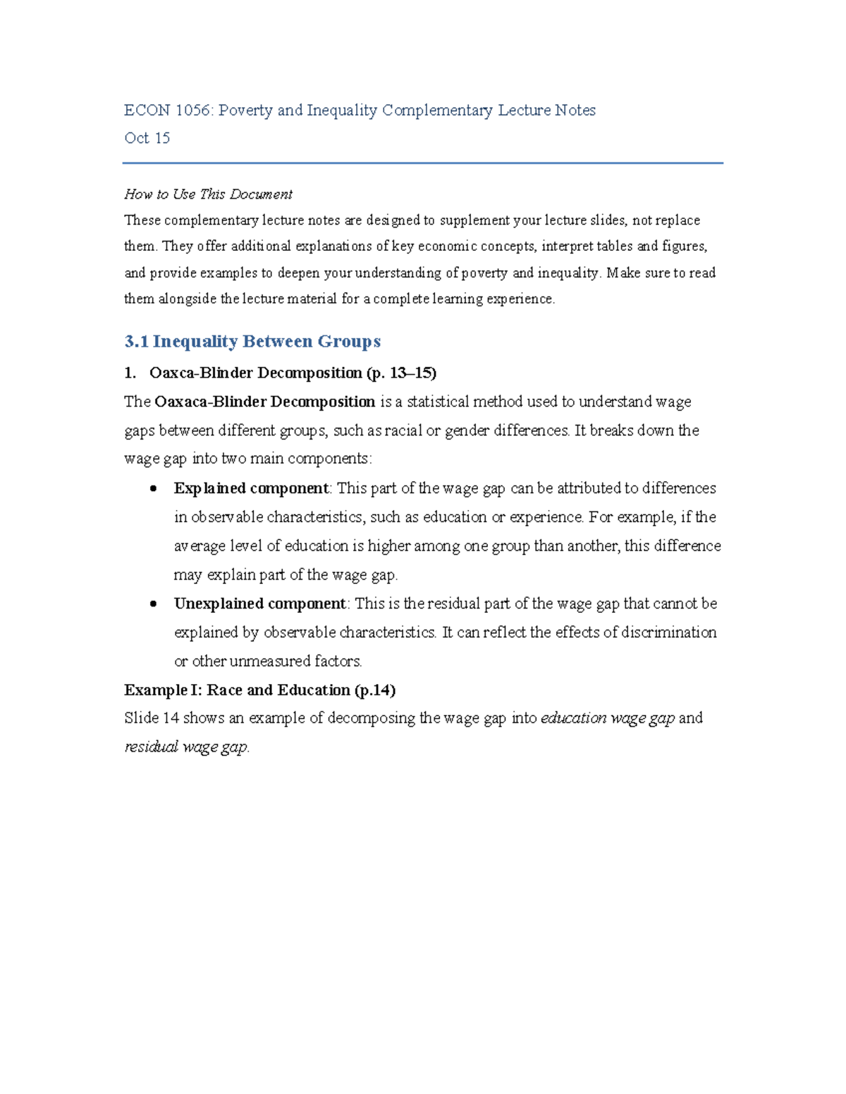 ECON 1056: Complementary Lecture Notes on Poverty & Inequality - Studocu