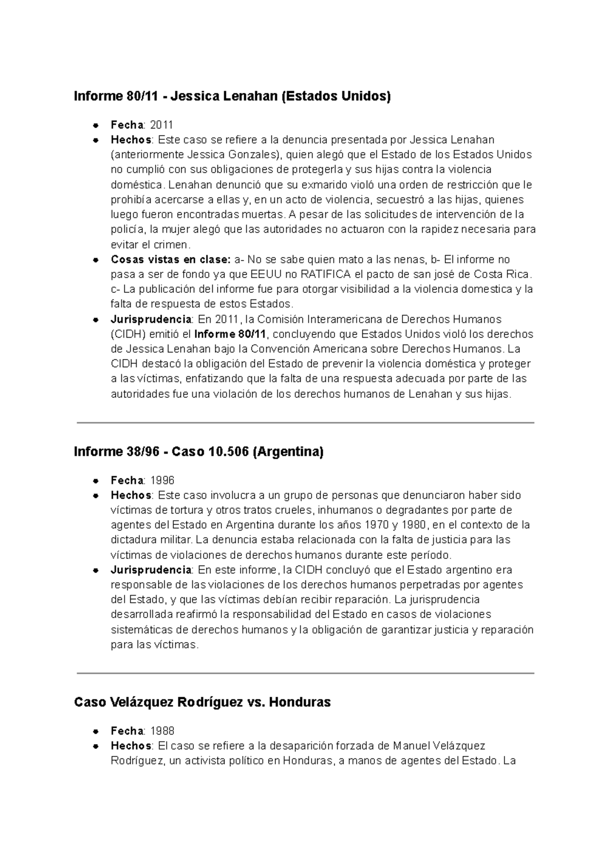 Lista de Fallos de Derechos Humanos - Cátedra Salma-Zamdumbide - Studocu