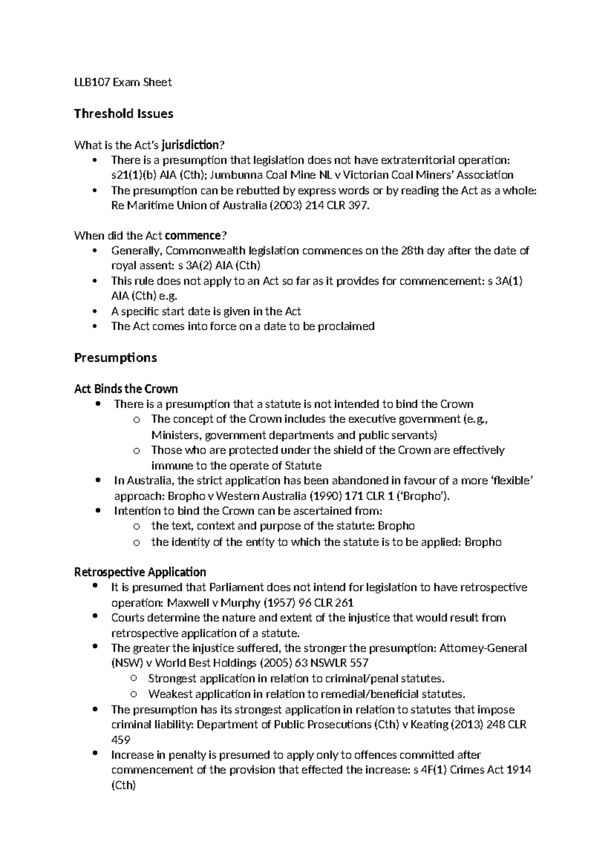 LLB107 Cheat Sheet - Key Concepts in Statutory Interpretation Summary ...