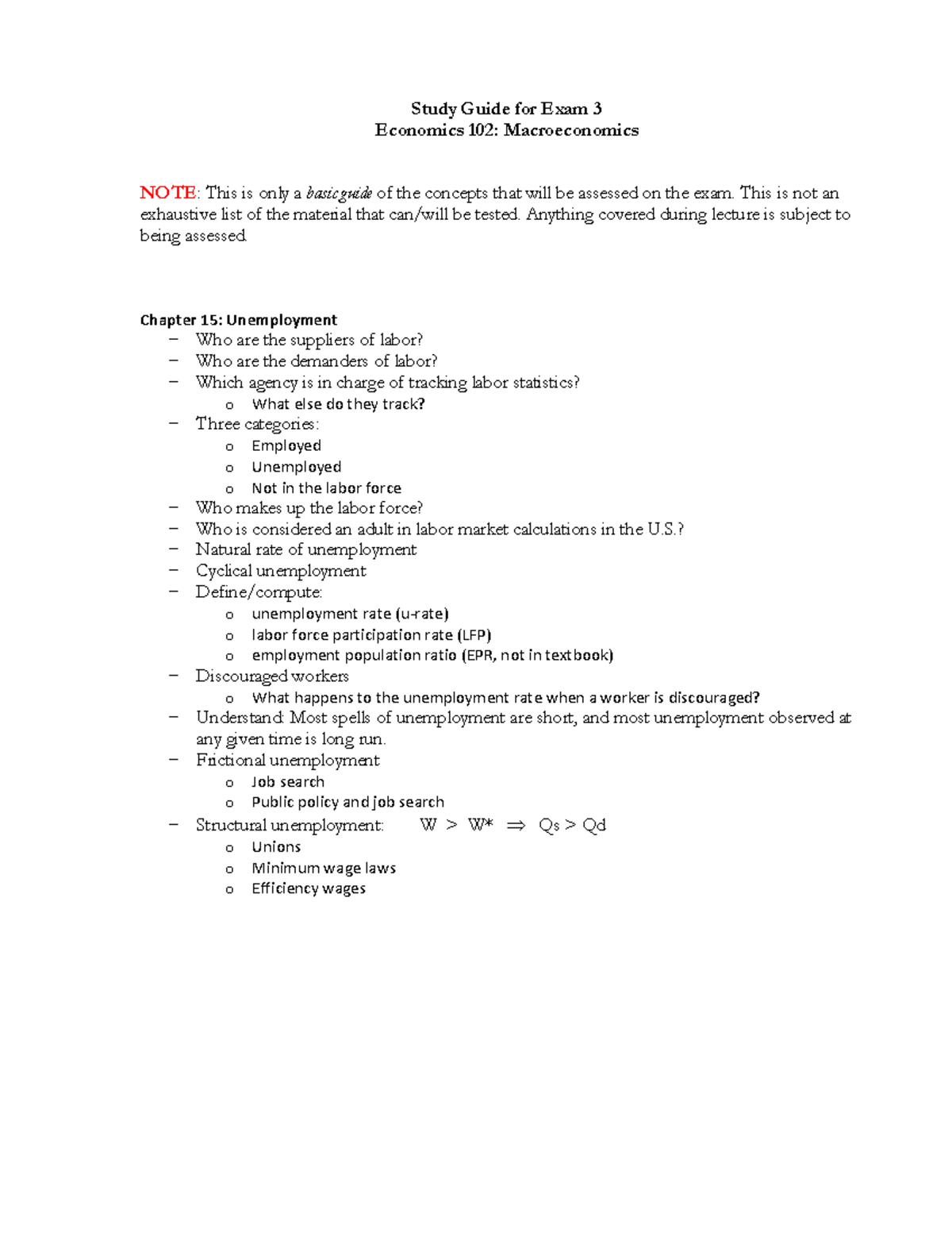 E102E3SG - Study Guide for Economics 102 Exam 3: Macroeconomics - Studocu