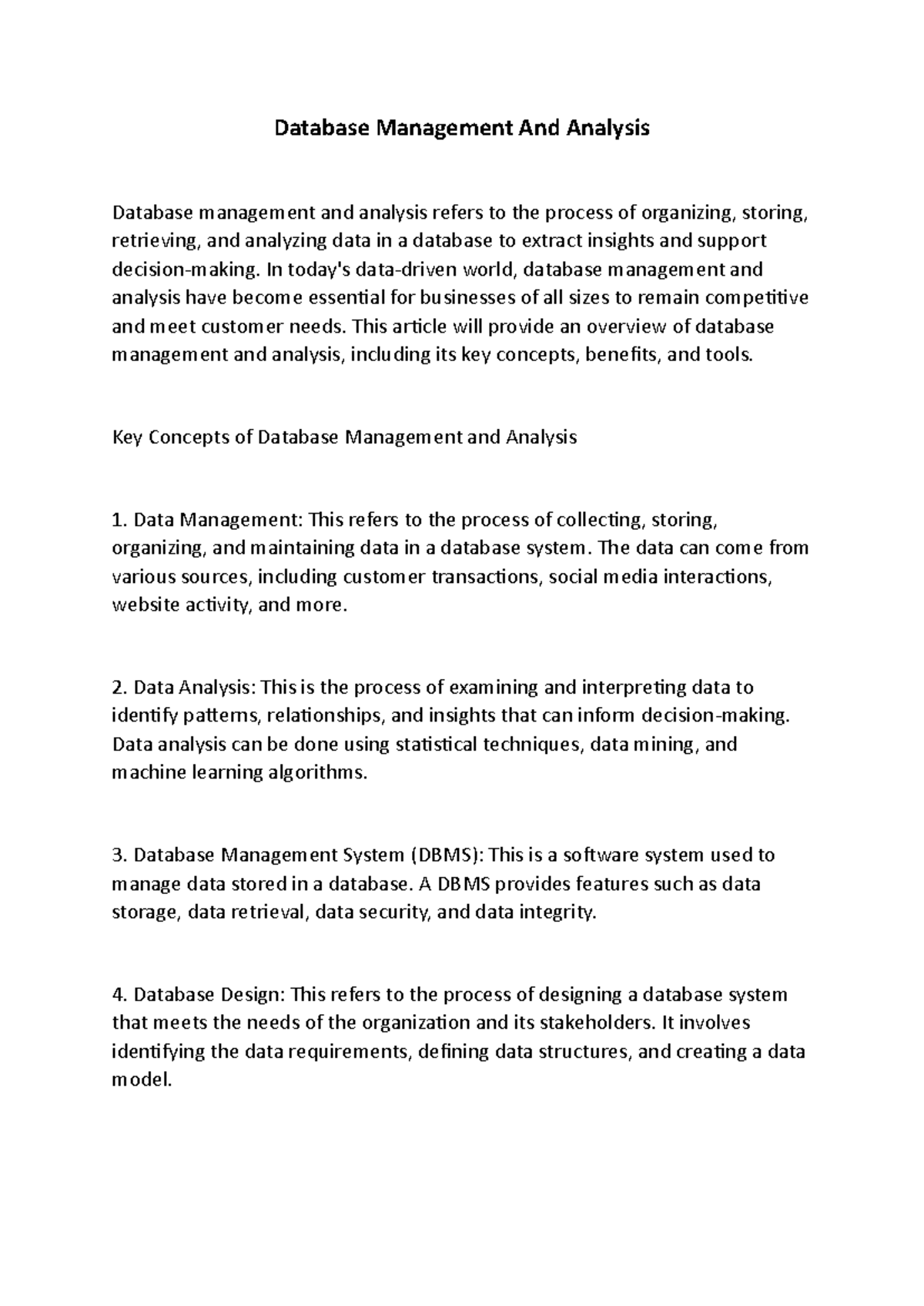 Database Management And Analysis - Database Management And Analysis ...