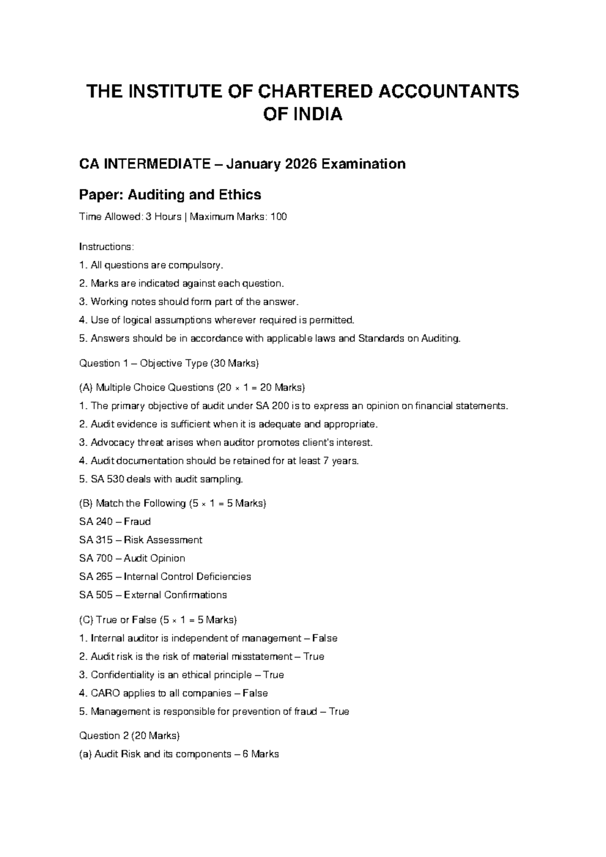 CA Inter Auditing & Ethics Jan 2026 Exam Paper (100 Marks) - Studocu