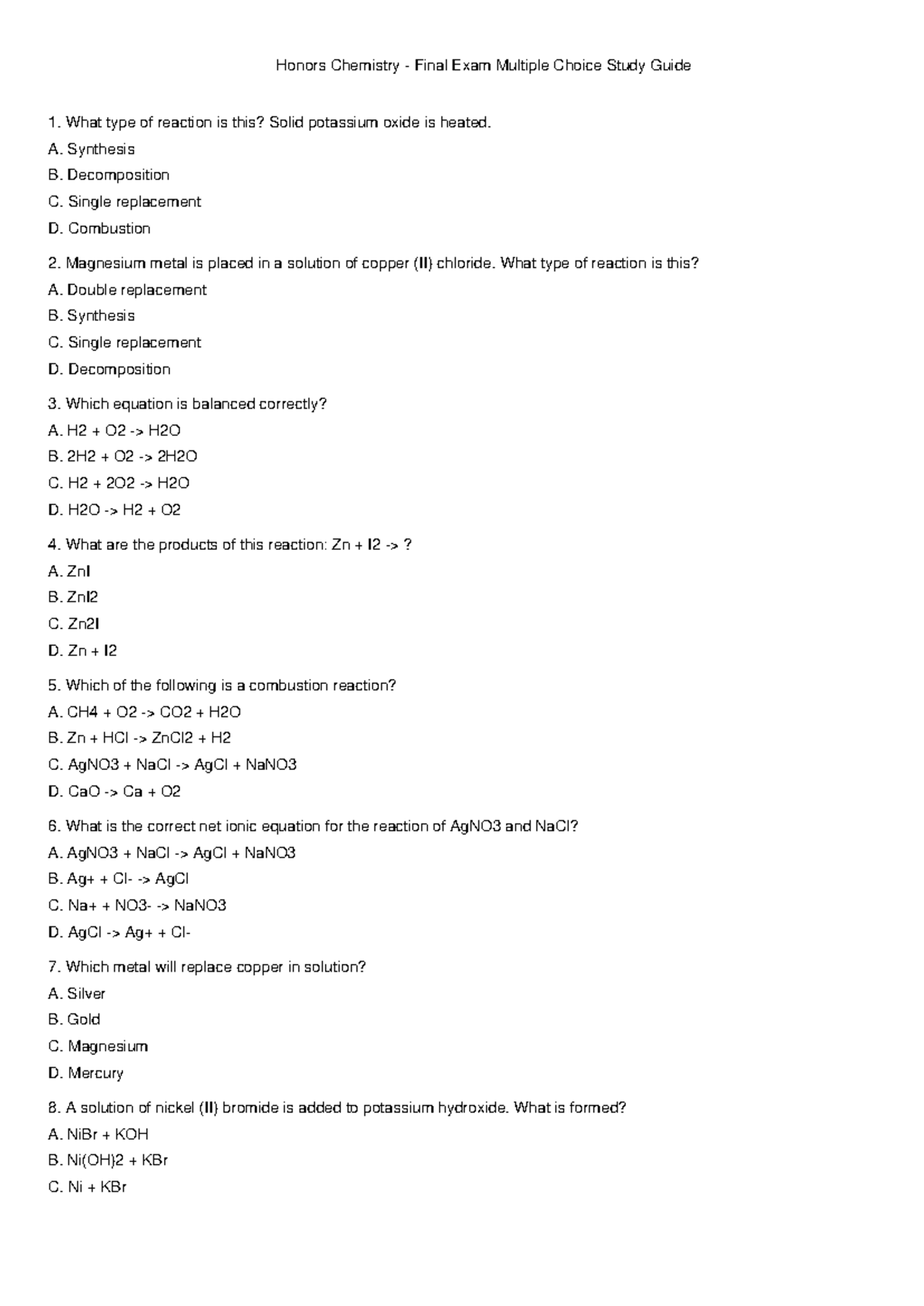 Honors Chemistry Final Exam MCQ Study Guide - Studocu