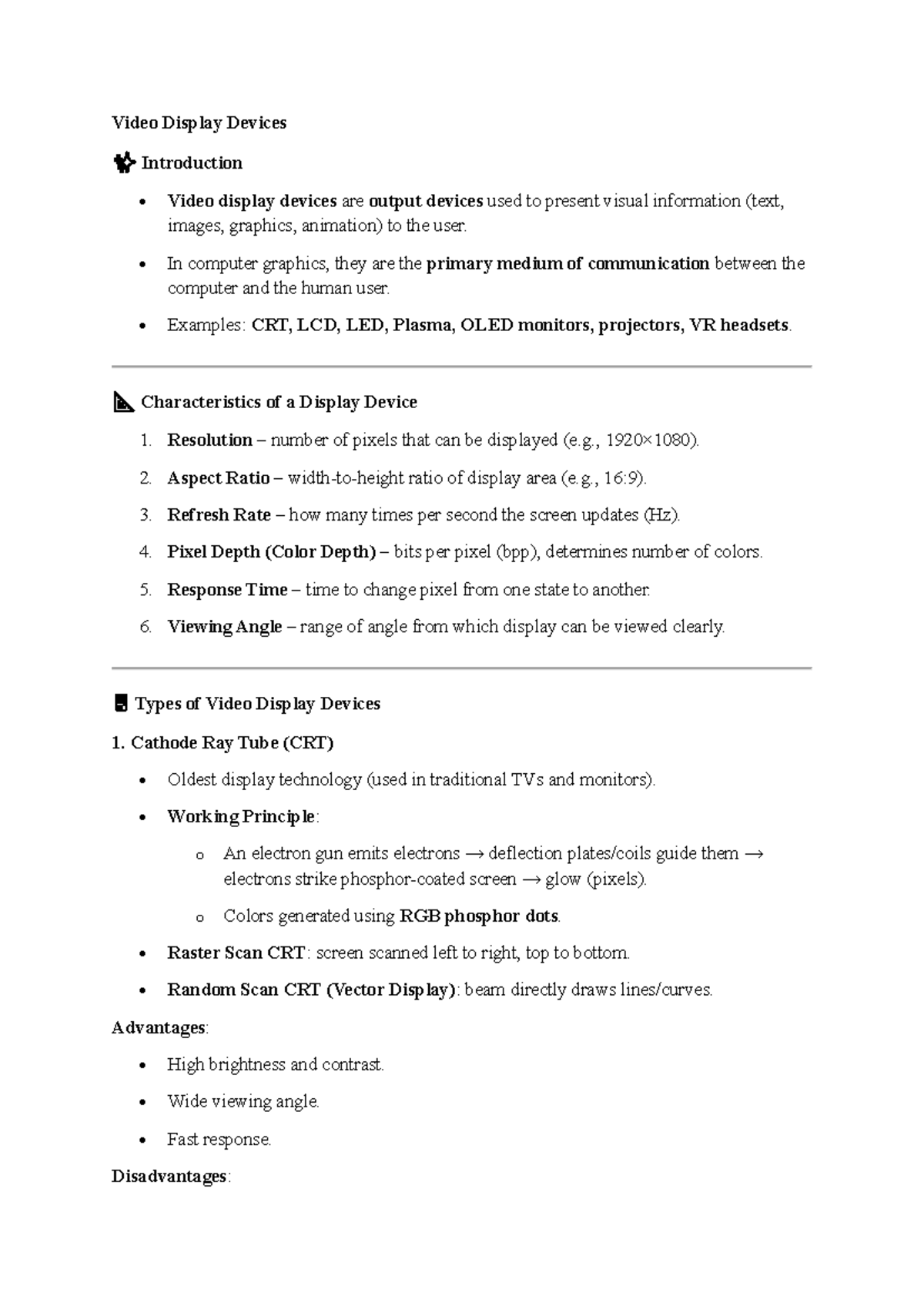 Computer Graphics 1 UNIT: Video Display Devices Overview and Study ...