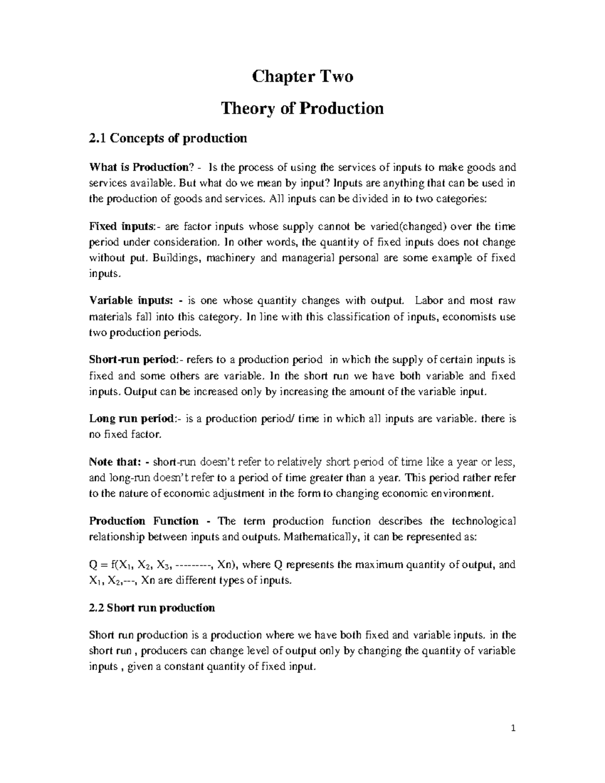 Microeconomics Chapter 2 & 3: Theory of Production and Cost Analysis ...