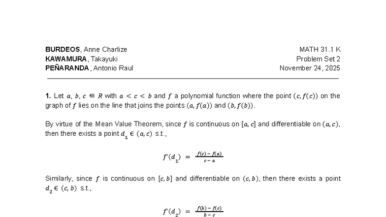 MATH 31.1 Problem Set 2: Analysis of Polynomial Functions - Studocu