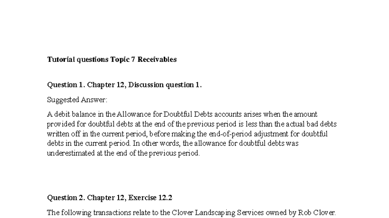Topic 7 Receivables: Tutorial Questions & Suggested Answers - Studocu