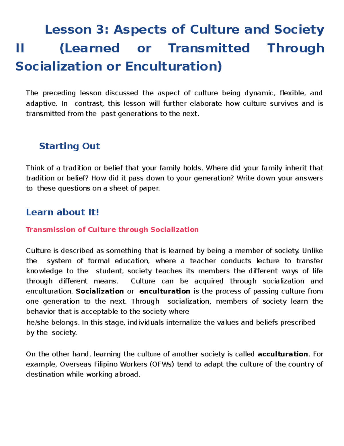 Aspects of Culture and Socialization - UCSP Lesson 3 - Studocu