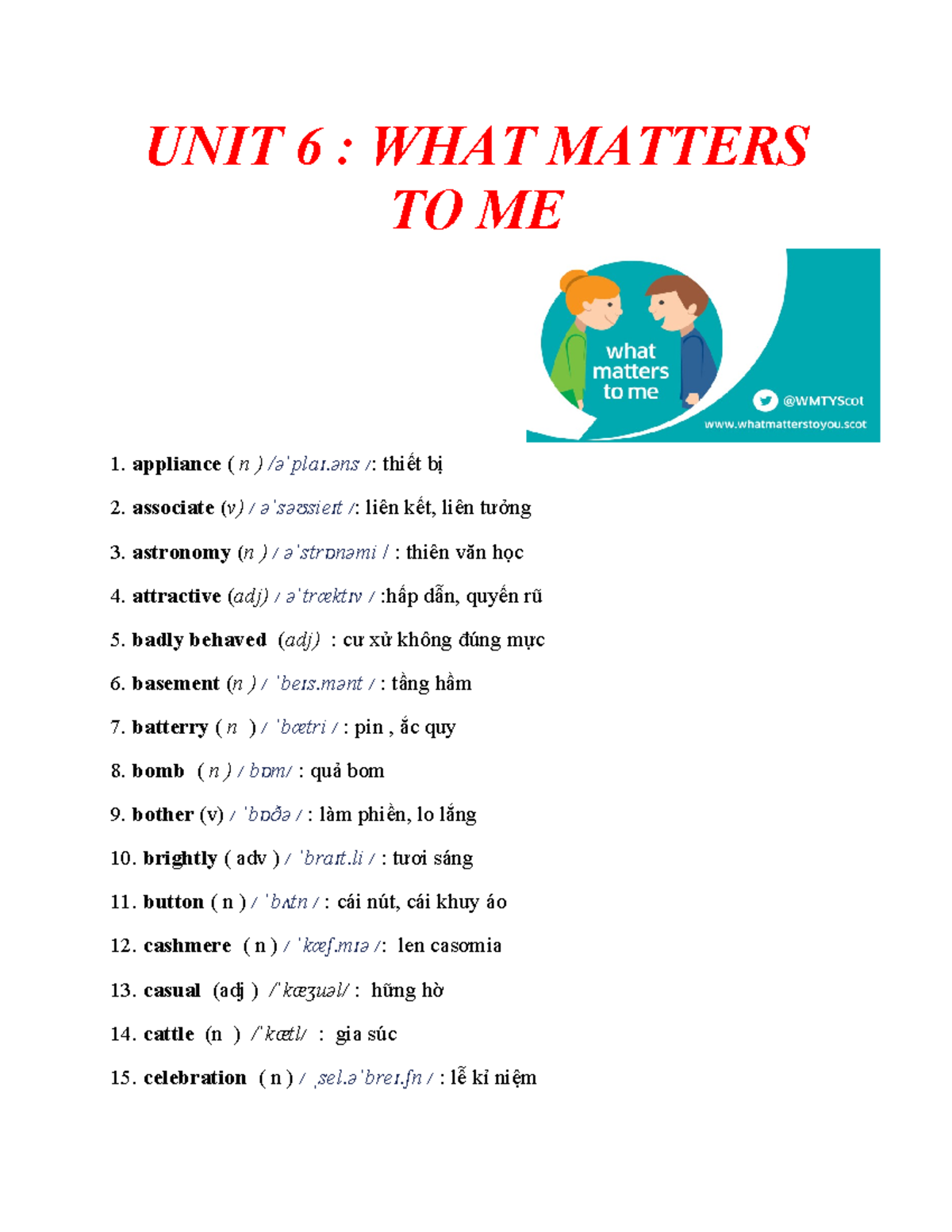 UNIT 6: Vocabulary Wordlist for What Matters to Me - Studocu