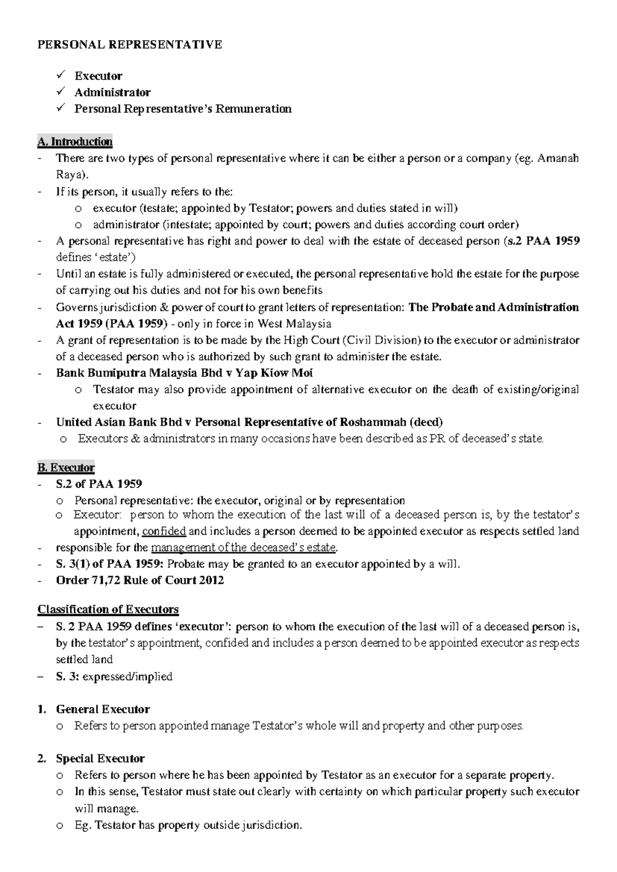 Personal Representative: Executors and Their Roles under PAA 1959 - Studocu