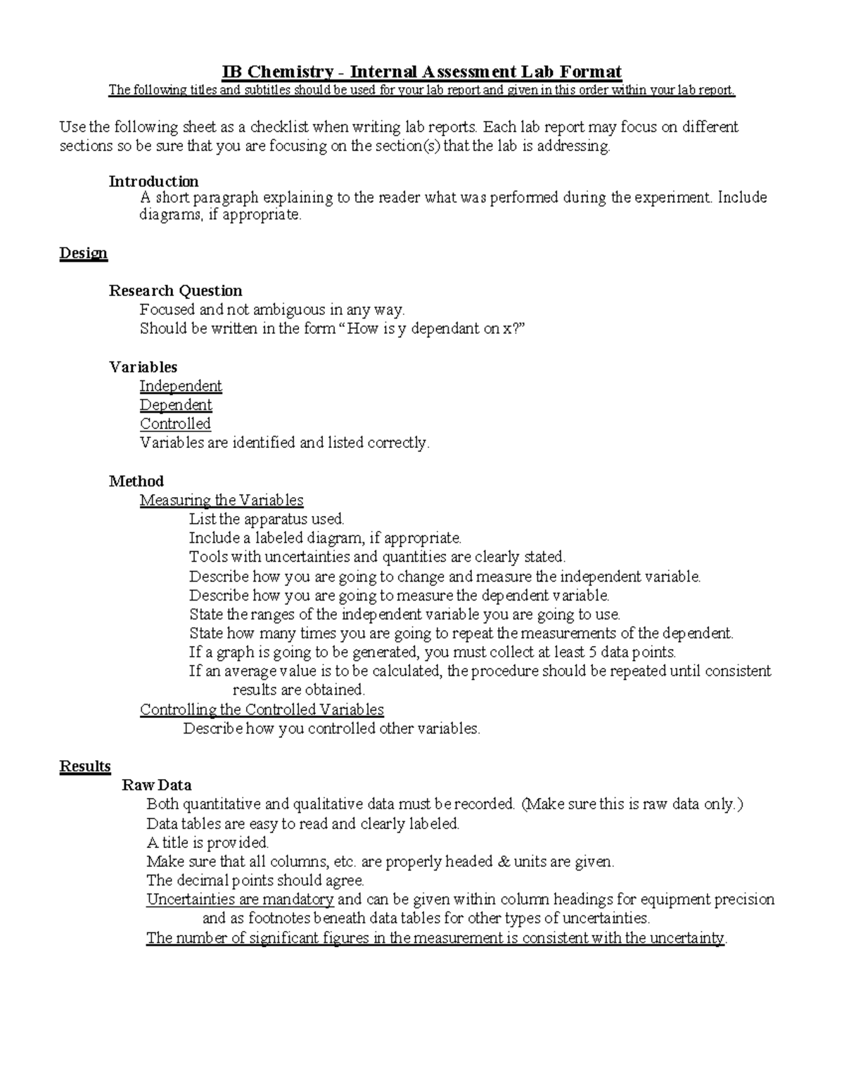 Student IALab Report Format - IB Chemistry - Internal Assessment Lab ...