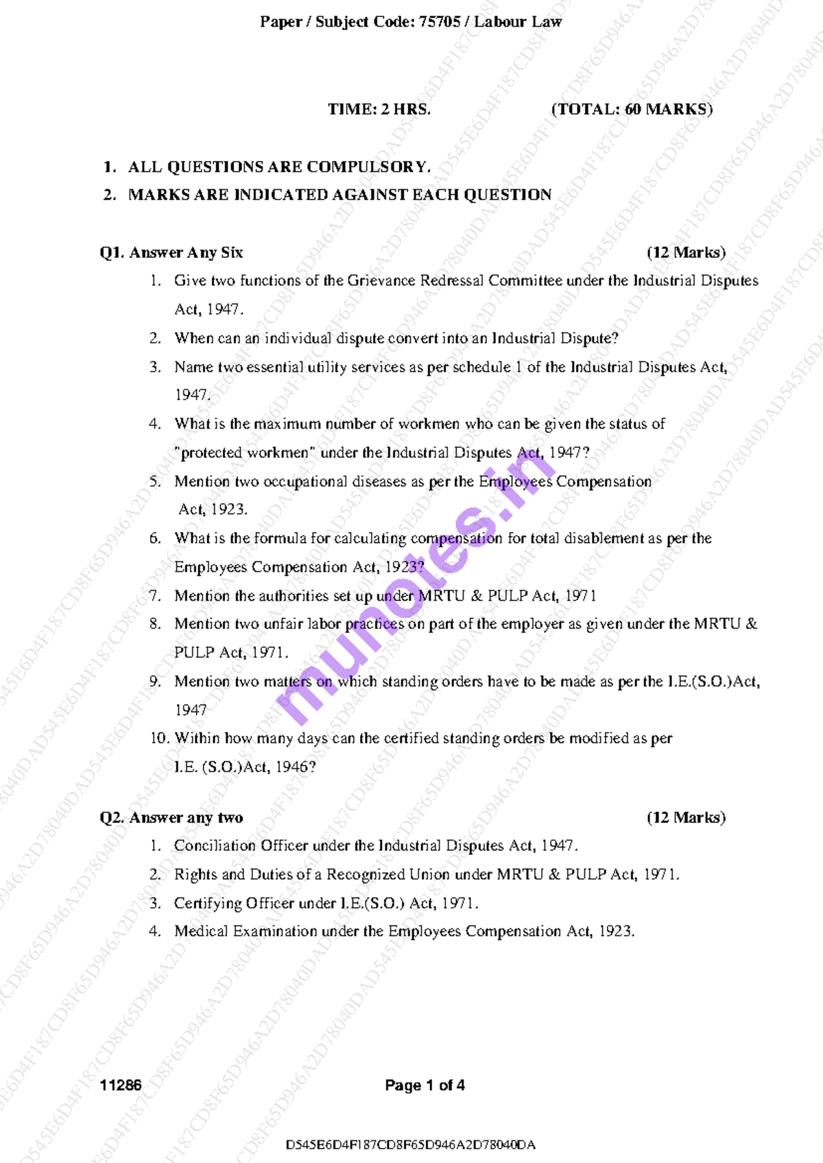 2023 March - Labour Laws - 11286 Page 1 of 4 TIME: 2 HRS. (TOTAL: 60 ...